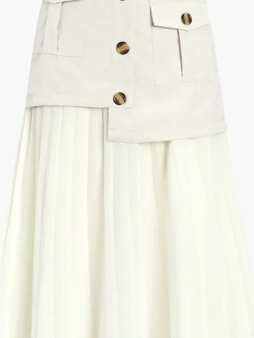 Commense Cream Pleated Maxi Skirt with Buttoned Panel - Picture 2 of 6